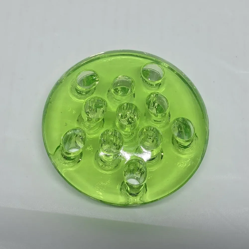 Vaseline Uranium Glass Flower Frog 11 Holes Glows UV Green Vintage 3